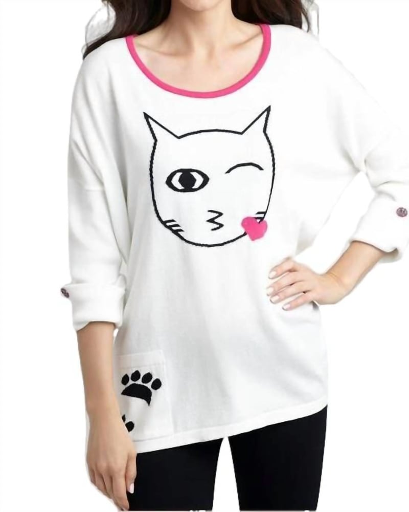 Front of a model wearing a size XL Cat Kiss Graphic Sweater in White/Black in White/Black by ANGEL. | dia_product_style_image_id:325759